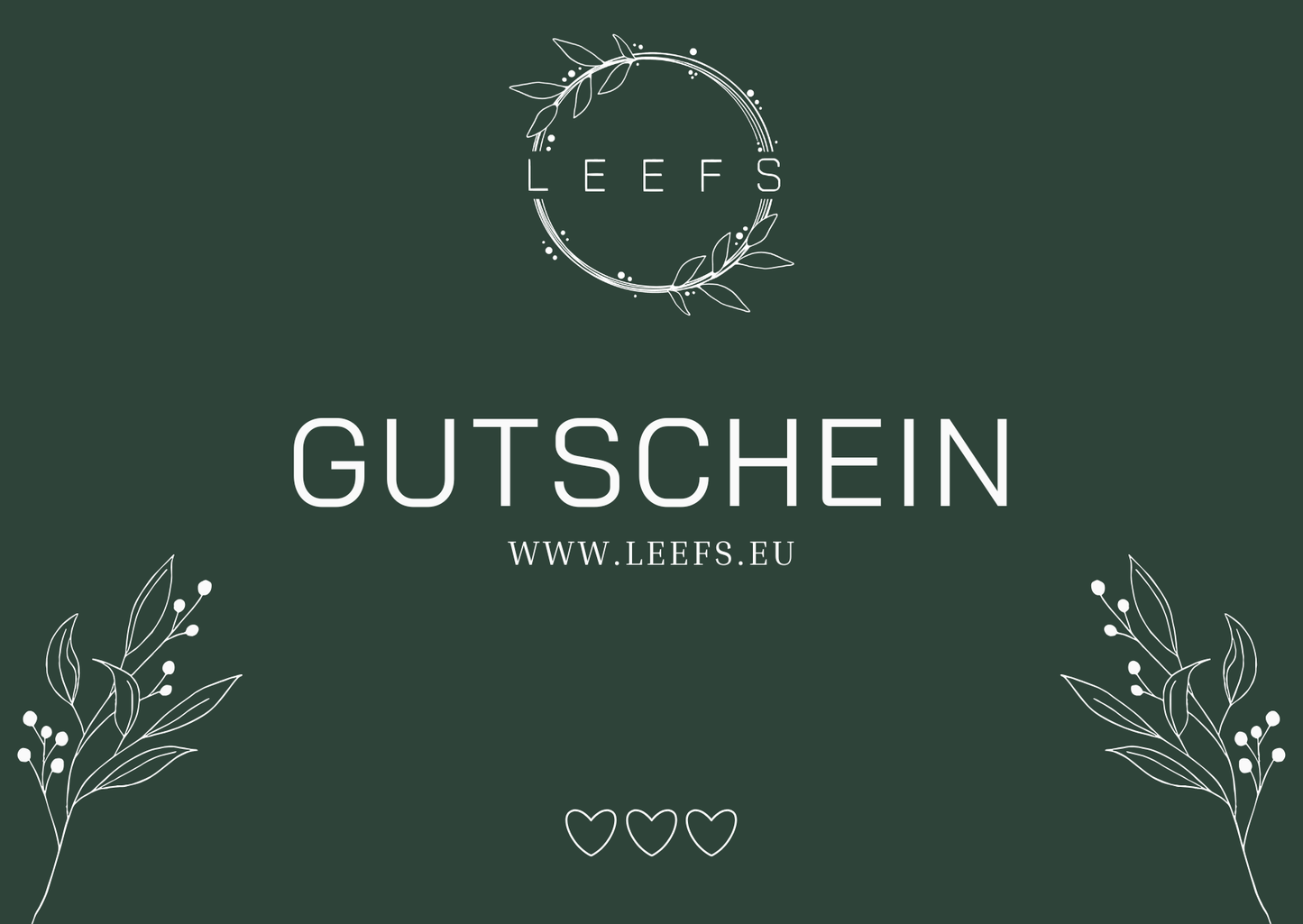 Eine Abbildung eines Gutscheins für einen Schmuck Online Shop mit elegantem, von der Natur inspirierten Modeschmuck. Auf dem grünen Hintergrund sieht man das Leefs Logo, das Wort Gutschein und der Link zu Leefs Webseite.