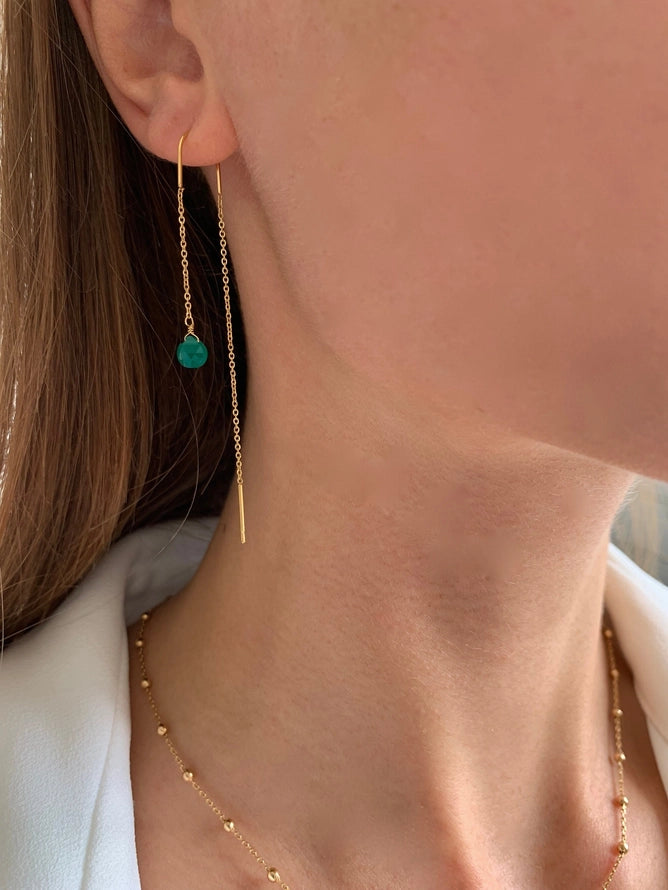 Chain Earrings Green Stone