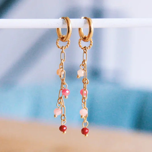Earrings with pearl necklace, red