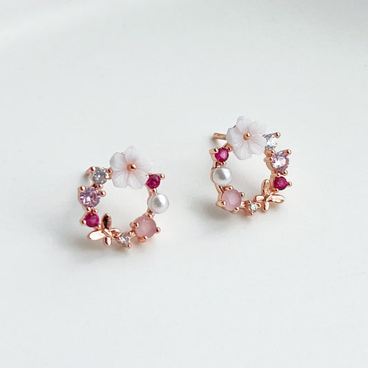 Flower Wreath Earrings, Pink