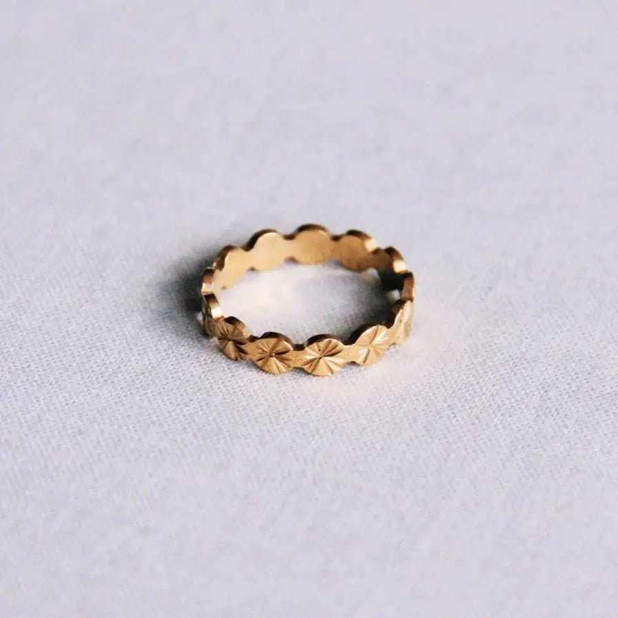 Goldfarbener Edelstahlring mit filigranem Design und geometrischen Mustern auf der Oberfläche.