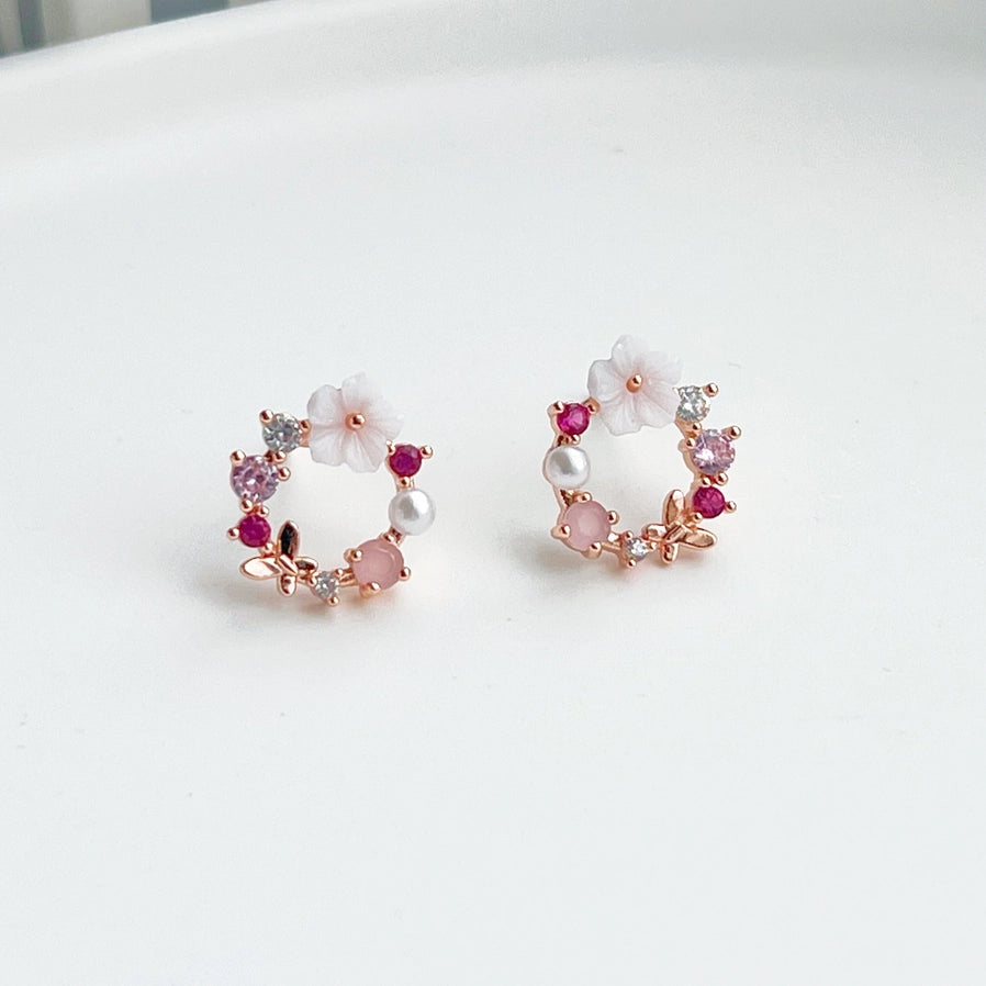Flower Wreath Earrings, Pink