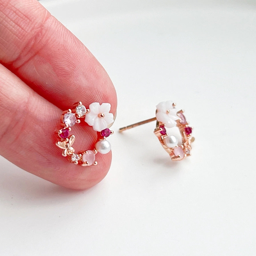 Flower Wreath Earrings, Pink
